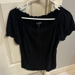 Lauren Ralph Lauren Black Short Sleeve Smocked Neck Blouse